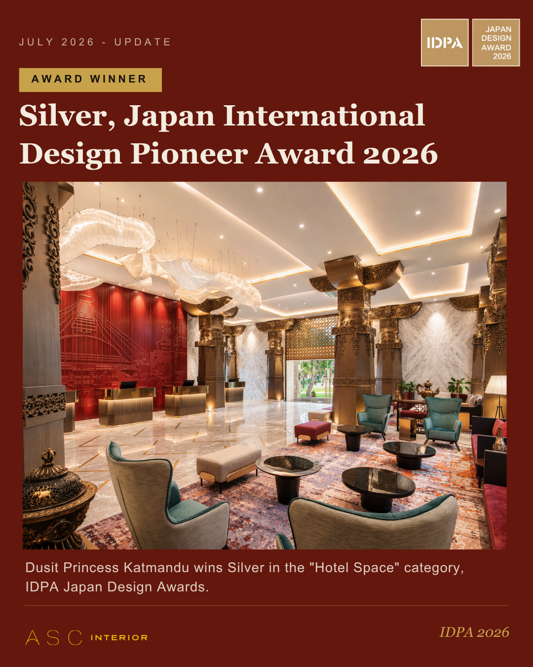 Dusit Princess Kathmandu wins Silver in the "Hotel Space" category, Japan International Design Pioneer Award 2026